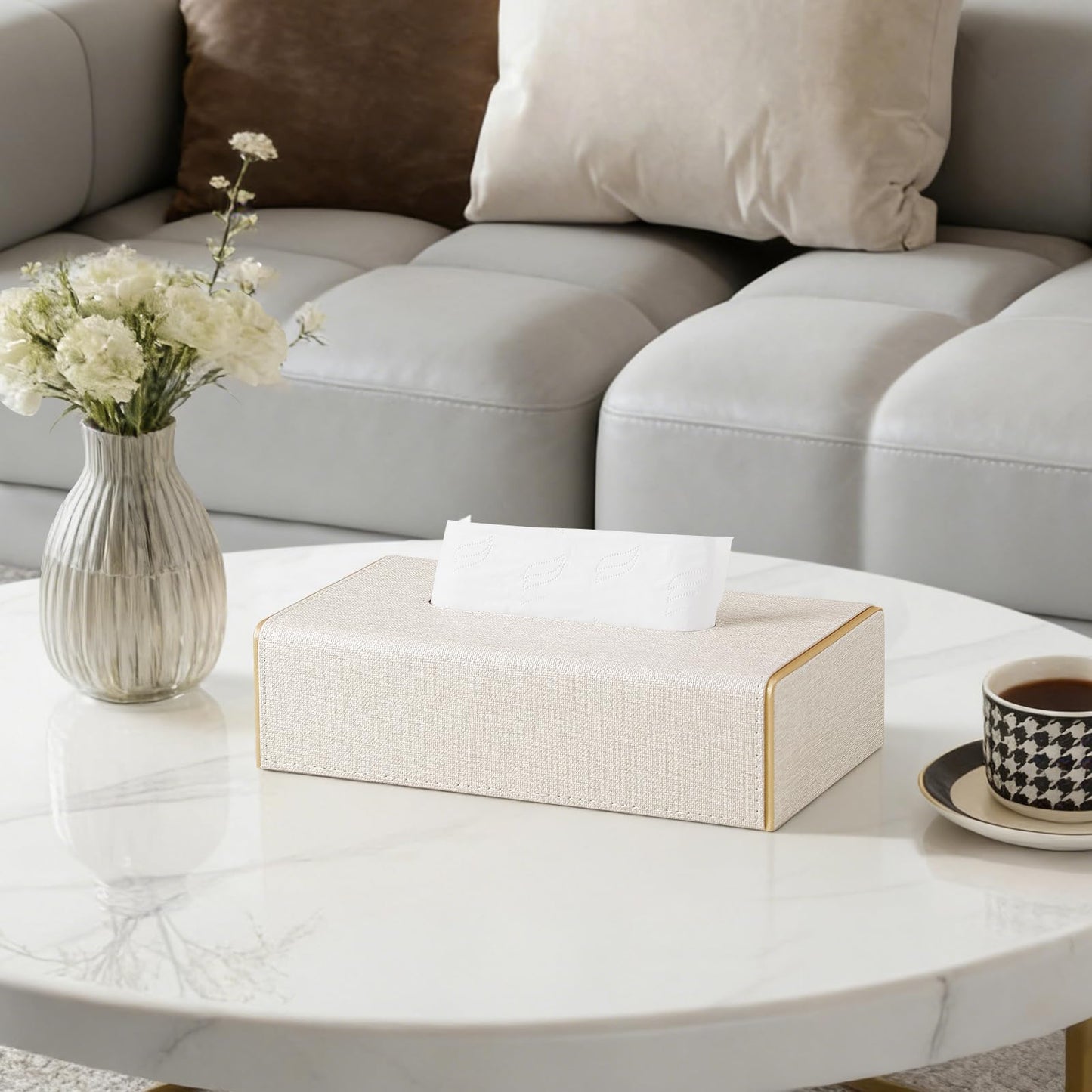 JLAMBOM Linen Tissue Box Cover Rectangle, 4 Sizes PU Leather Tissue Box Cover with Bottom, Decorative Tissue Holder for Bathroom Nightstand Car Office (Low Profile – Fits Tissue Boxes Up to 2.2" Tall)