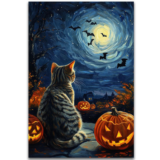 Black Cat Pumpkin Blue Starry Night Halloween Pictures Wall Decor,Bats Under Cosmic Sky Canvas Painting Print,Unique Celestial Home Wall Decor,Cute Animal Autumn Room Art Print,16"x24" Unframed