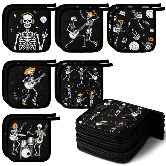 Bencailor 12 Pcs Pot Holders with Pocket Kitchen Hot Potholders Hot Pad Oven Mitts Cookie Bag Oven Gloves for Kitchen Gift Baking Cooking(Dark Black,Skull)