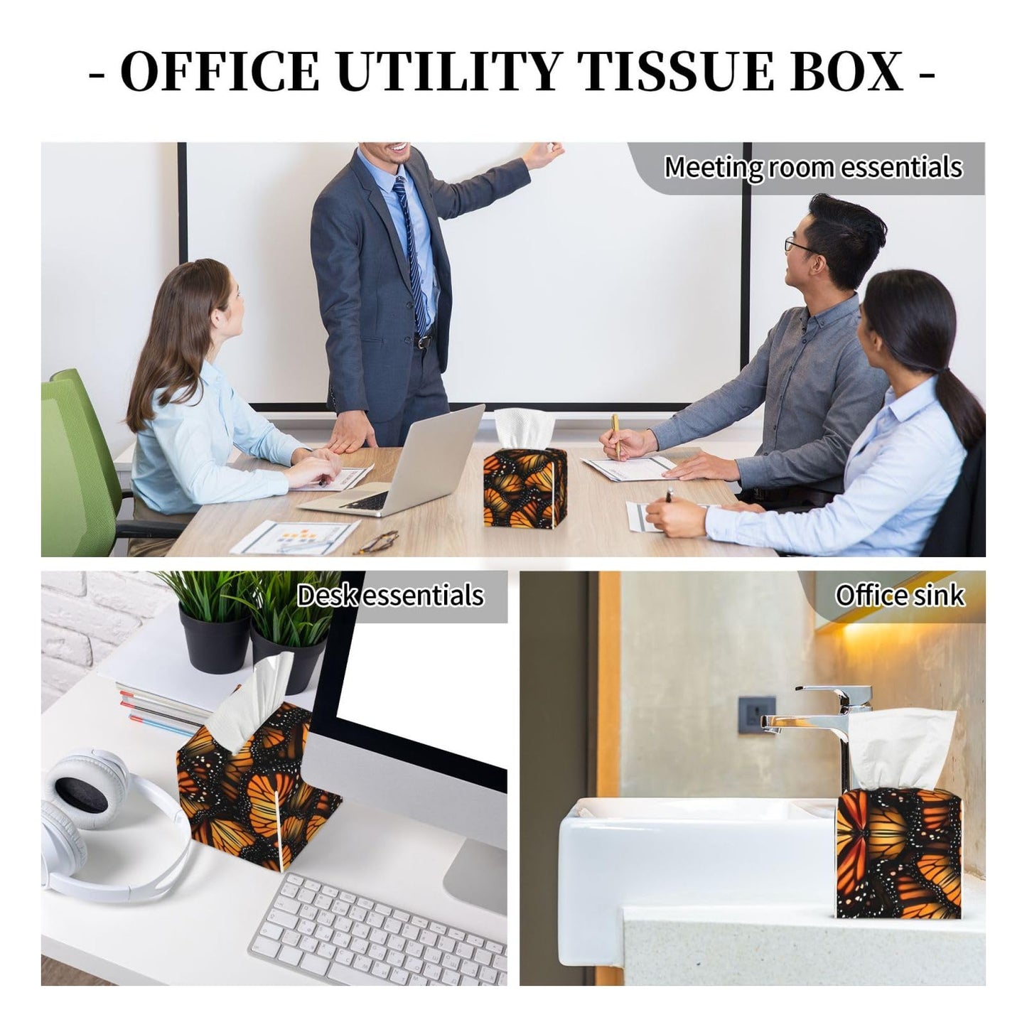 Tissue Box Cover Orange Monarch Butterflies Modern PU Leather Square Tissue Box Holder - Decorative Holder/Organizer for Bathroom Vanity Countertop, Night Stands, Office Desk & Car 5"X5"X5"