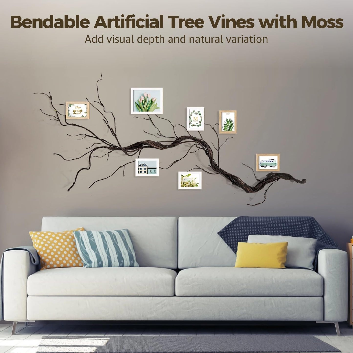 Calolin 98 in Bendable Artificial Tree Vines with Moss, Fake Plants Twigs Wall Hanging Decoration Garland, Realistic Twig Branch for Home Garden Wedding Wall Door Decoration