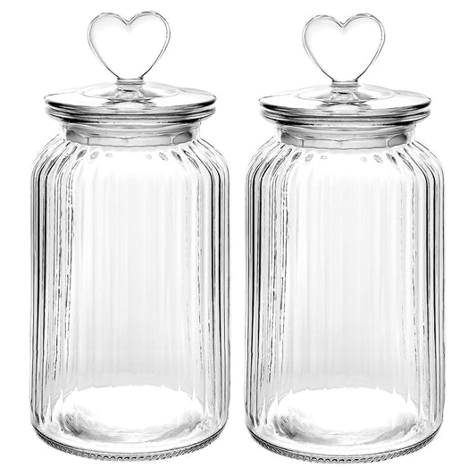 WHJY Set of 2 Airtight Glass Jars, 45oz Jar of Hearts Cute Cookie Jar Decorative Jars with Lids Candy Jars for Candy Buffet Heart Shaped Lid - Stripes Textured