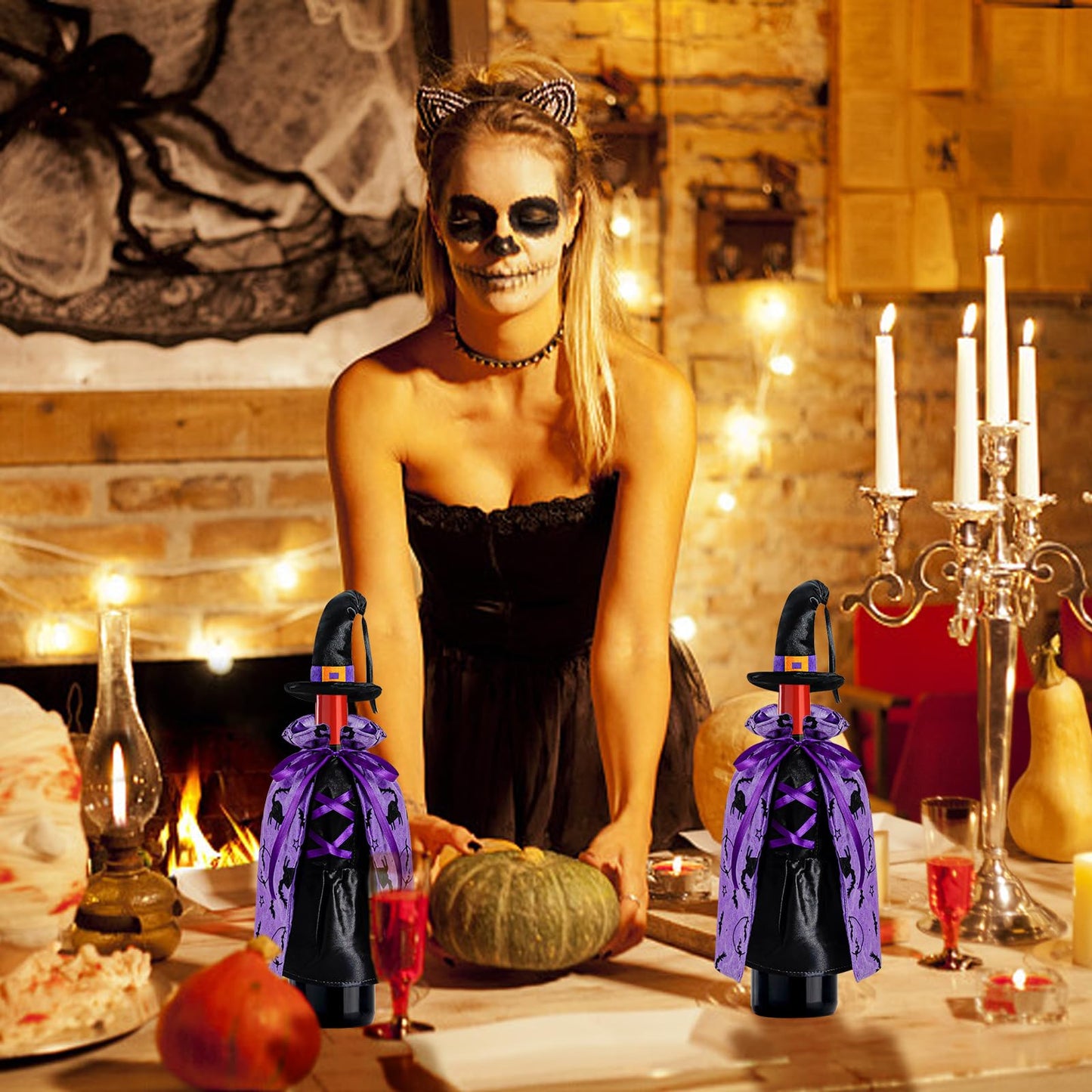 LOMIMOS Witch Halloween Wine Bottle Cover,Non-Fabric Ideal Gift for Hostess Best Party Table Decor (2PCS)