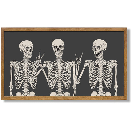 Aroutde Framed Gothic Skull Skeleton Canvas Wall Decor Funny Skull Victory Hippie Posing Print Hallpween Wall Art Small Spooky Painting Artwork for Home Bedroom Living Room Decorations 18''x10''