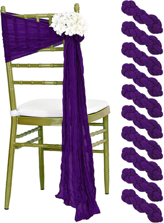 MDS® Pack of 10 PCS Cheesecloth Chair Sashes 17”x70” Gauze Rustic Aisle Decorations Designed Chair Bows for Wedding Birthday Baby Shower Reception Party Banquet Hotel Event Decoration - Purple