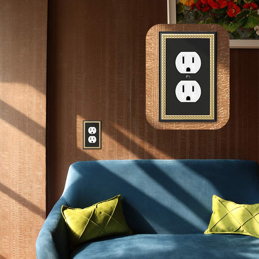 Pearled Frame Decorative Wall Plate Switch Plate Outlet Cover (Single Duplex 2PK, Black & Dark Golden)