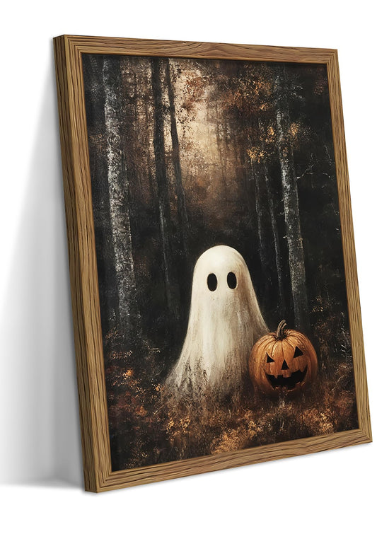 Framed Halloween Ghost Wall Art, Vintage Cute Ghost Pumpkin Canvas Wall Decor, Dark Academia Aesthetic Paintings, Gothic Spooky Fall Forest Posters Prints Pictures for Living Room Bedroom 8x10 Inch