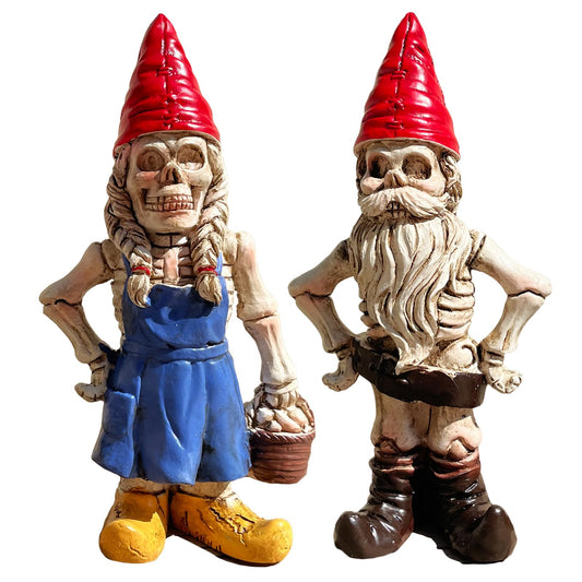 JARPSIRY 2PCS Male and Female Halloween Skeleton Gnome Couple Garden Statue Zombie Gnome Sculptures Resin Dwarf Figurines for Indoor Home Ornaments Outdoor Patio Yard Lawn Porch Decor