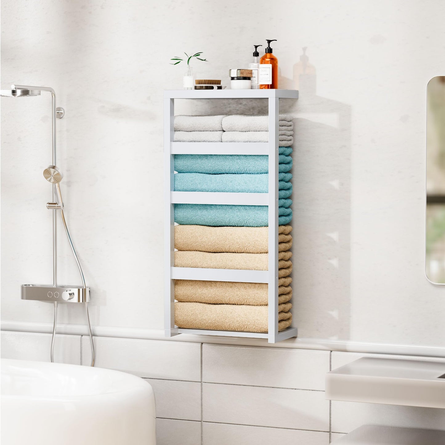 Bamboo Wall Blanket Ladder, 4-Tier Towel Racks, Bamboo Bath Towel Racks for Bathroom Wall Mounted, Decorative Blanket, Quilt, Towel, Scarf Ladder Shelves for Bathroom, Living Room, Bedroom，White