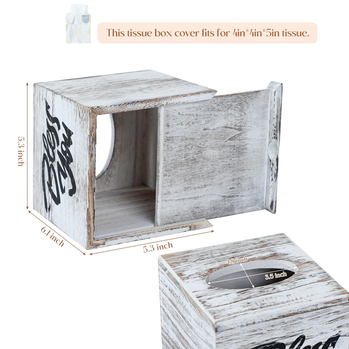 Wood Tissue Box Cover, Square Bless You Tissue Holder, Decorative Tissue Dispenser for Bathroom, Living Room, Dining Table, 5.3" L x 5.3" W x 6.1" H