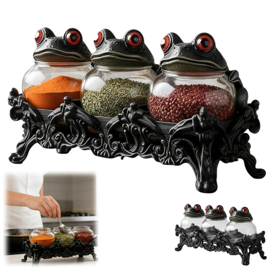 Witchy Frog Apothecary Spice Jars, Handcrafted Vintage Glass Storage Jars with Red-Eyed Frog Lids, Gothic Kitchen Herb Teas Food Storage Containers for Home Decor Fun Display (3-piece set)