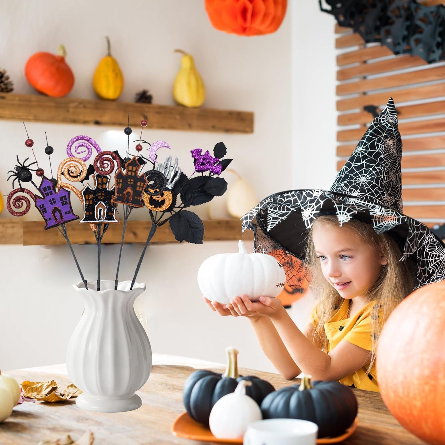 4 Pcs Artificial Halloween Floral Picks Purple Orange Black Berry Stems Halloween Tree Branches for Flower Arrangemant Table Centerpiece Halloween DIY Crafts Festival Home Decoration (Orange)