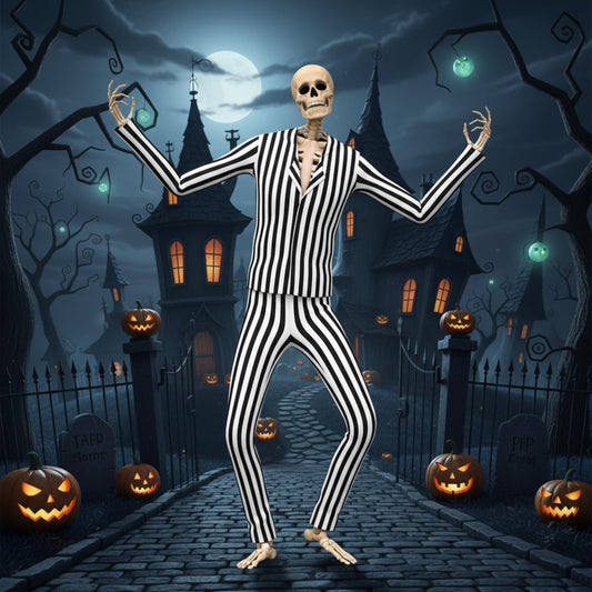 Soulchen 2 Pcs 12 ft Skeleton Costume Set Christmas Suit Outfit Giant Sized Nightmare Black White Striped Skeleton Clothes Accessories for Christmas Halloween Garden Lawn Indoor Outdoor Decor