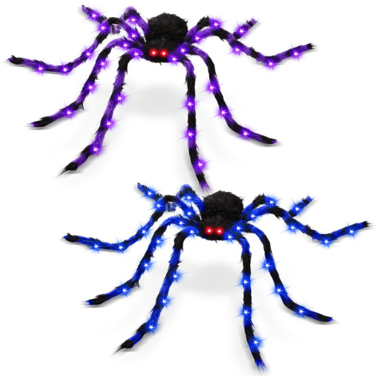 2 Pack 50" Halloween Light Up Spiders, Giant Hairy Spider Decorations with Blue and Purple LED Lights, Scary Indoor Outdoor Halloween Decor for Yard Porch Tree Party Haunted House