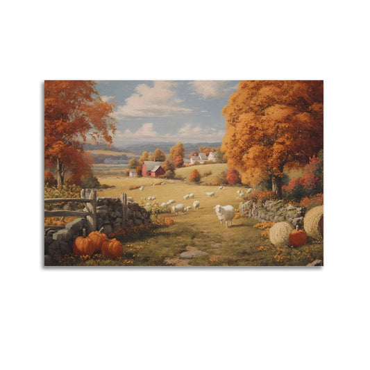 GoiaPvb Autumn Wall Painting Pumpkin Autumn Landscape Poster Farmhouse Pumpkin Canvas Painting Sheep Flock for Home Wall Decoration for Room Aesthetic