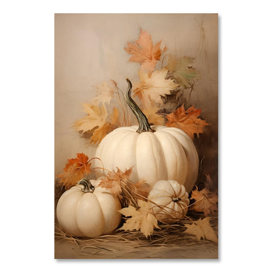 Vintage Fall Wall Art White Pumpkin Wall Decor Autumn Still Life Canvas Print Thanksgiving Rustic Farmhouse Fall Leaves Poster Neutral Harvest Painting for Kitchen Dining Room 12x16inch Unframed