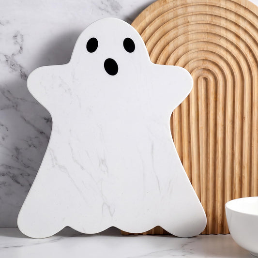 Reallnaive White Ghost Marble Cheese Board Halloween Charcuterie Serving Tray Marble Cutting Board for Cheese, Snacks, Appetizers and Kitchen