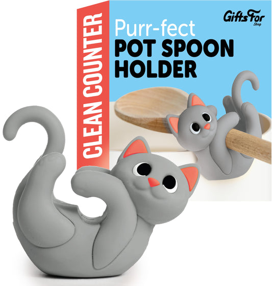 Gray Cat Spoon Rest for Stove Top – Silicone Pot Clip Utensil Holder & Lid Lifter – Funny Kitchen Gadget, Unique Grey Tabby Cat Gifts for Women – 3" x 2.5"
