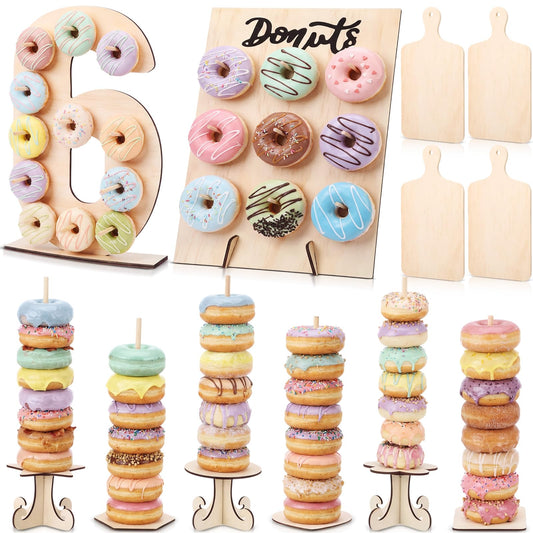 Lallisa 12 Pcs Wooden Donut Stand Set Number 6 Donut Display Stand 1 Doughnut Wall Display 4 Mini Charcuterie Boards 6 Doughnut Holder Tower for Dessert Table Birthday Wedding Baby Shower Party Deocr