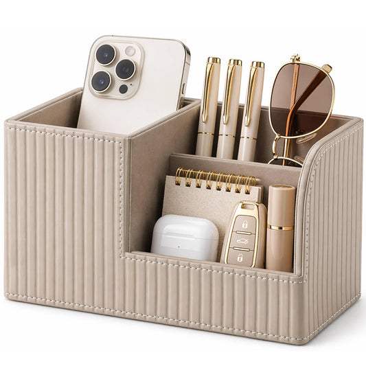 KINGFOM Desk Pen Organizer Office Supplies Caddy Pu Leather Multi-function Storage Box Pen/Pencil,Cell phone, Business Name Cards Remote Control Holder (Mocha Beige)