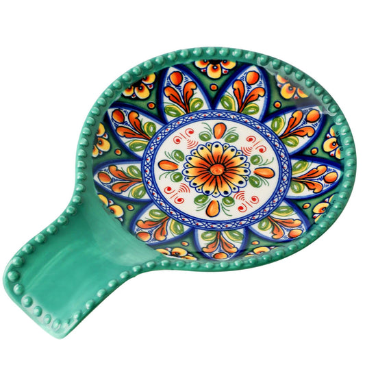 Spoon Holder for Kitchen Counter Ceramic Spoon Rest for Stove Top Large 7.7 Inch Heat-Resistant Cooking Spoon Holder for Coffee Spoon Rest,Spatula or Tongs,Bohemian Green Dishwasher Safe