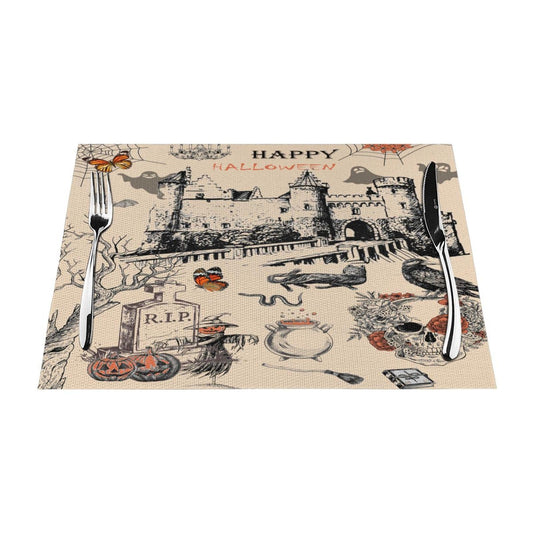 Halloween Placemats,Vintage Sugar Skull Gothic Castle Pumpkin Artwork Pattern Print Table Place Tables Mat for Kitchen Dining Party Indoor Outdoor Hotel,12x18 in Set of 4