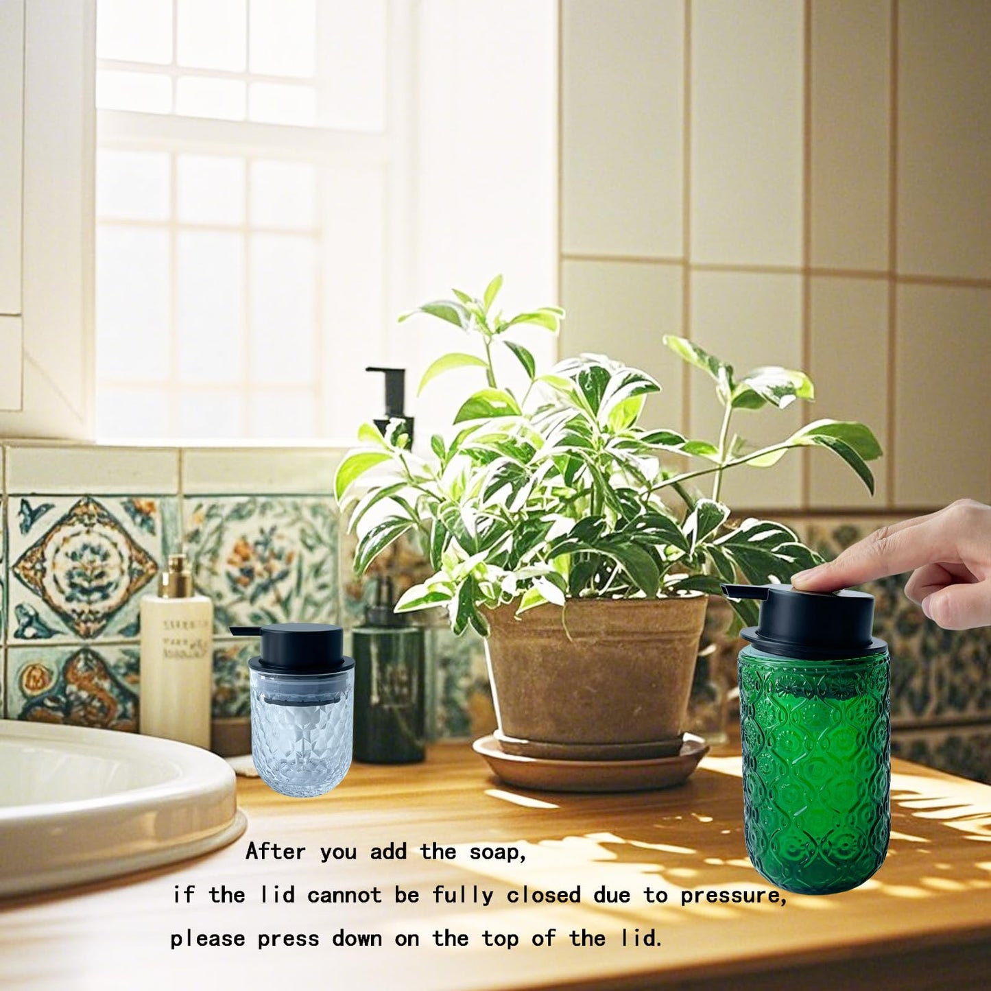 Birugen Foaming Hand Soap Dispenser,Vintage Glass Soap and Lotion Dispenser for Bathroom,Kitchen Dish Soap Dispenser with Black Foam Pump (Light Green Begonia Flower+Black Lid)