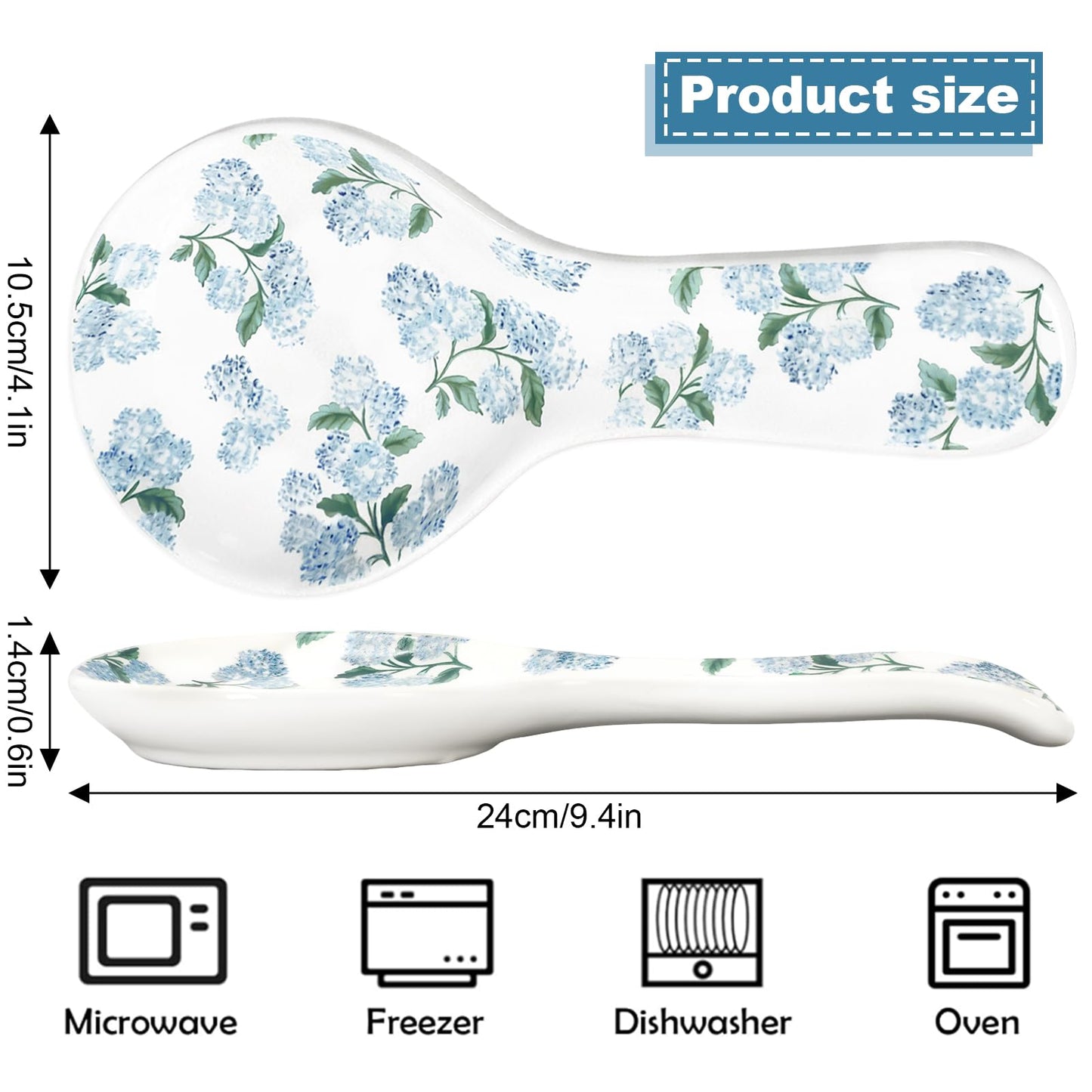 Whaline 9.4 Inch Hydrangea Spoon Rest Blue Flower Spoon Holder Floral Ceramic Utensil Holder for Summer Stove Top Rustic Kitchen Counter Decor