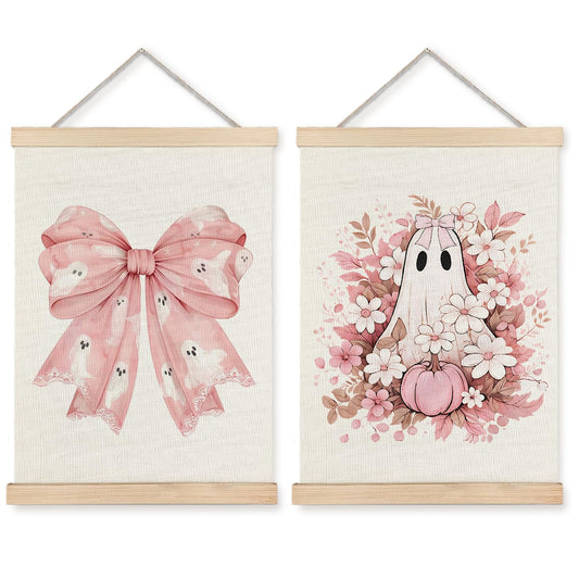 Exqcom Coquette Pink Bow Floral Halloween Ghost Wall Decor Set of 2, Preppy Pink Fall Pumpkin Floral Wall Art Poster, Halloween Ghost Posters for Girly Room Bedroom Dorm Apartment Home, 12x16 Inches