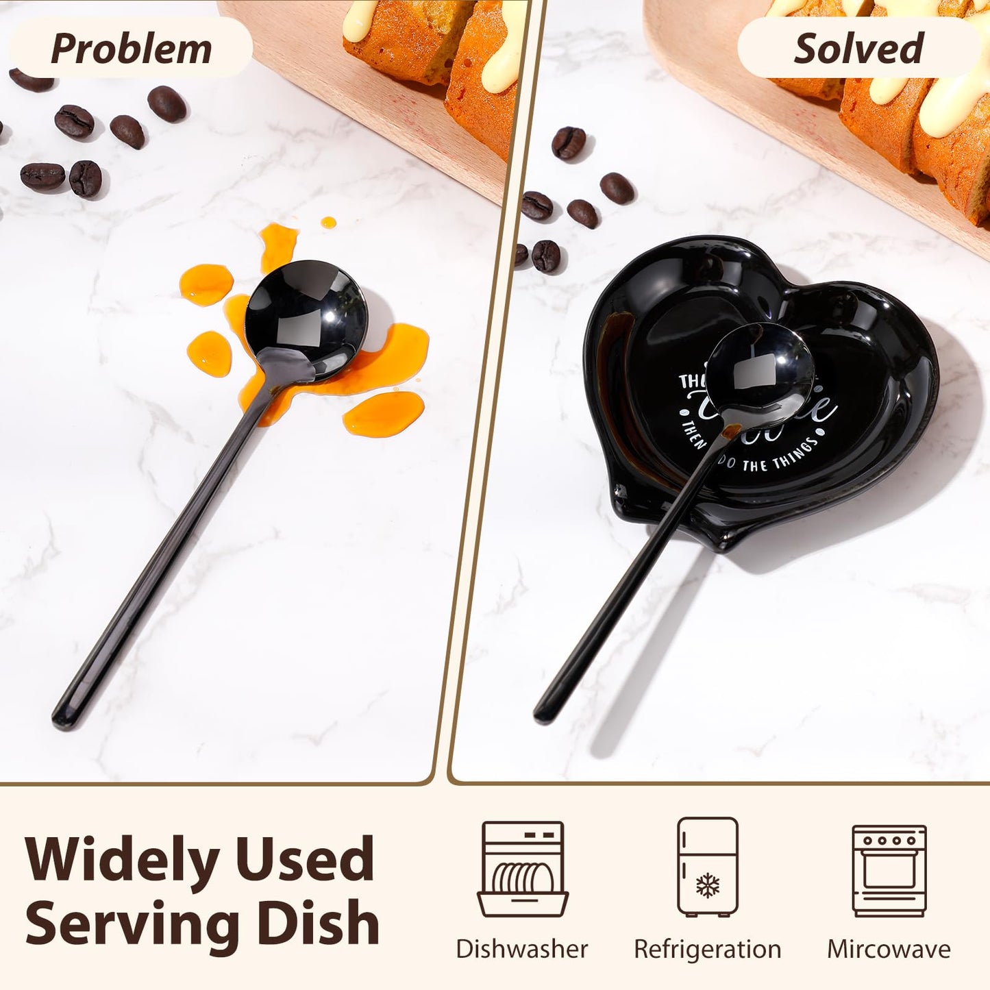 FoldTier 2 Pcs Ceramic Coffee Spoon Rest with Spoon Small Heart Black White Stirrer Holder Bar Station Accessories Decoration Lover Housewarming Gift(Rest But First Coffee)