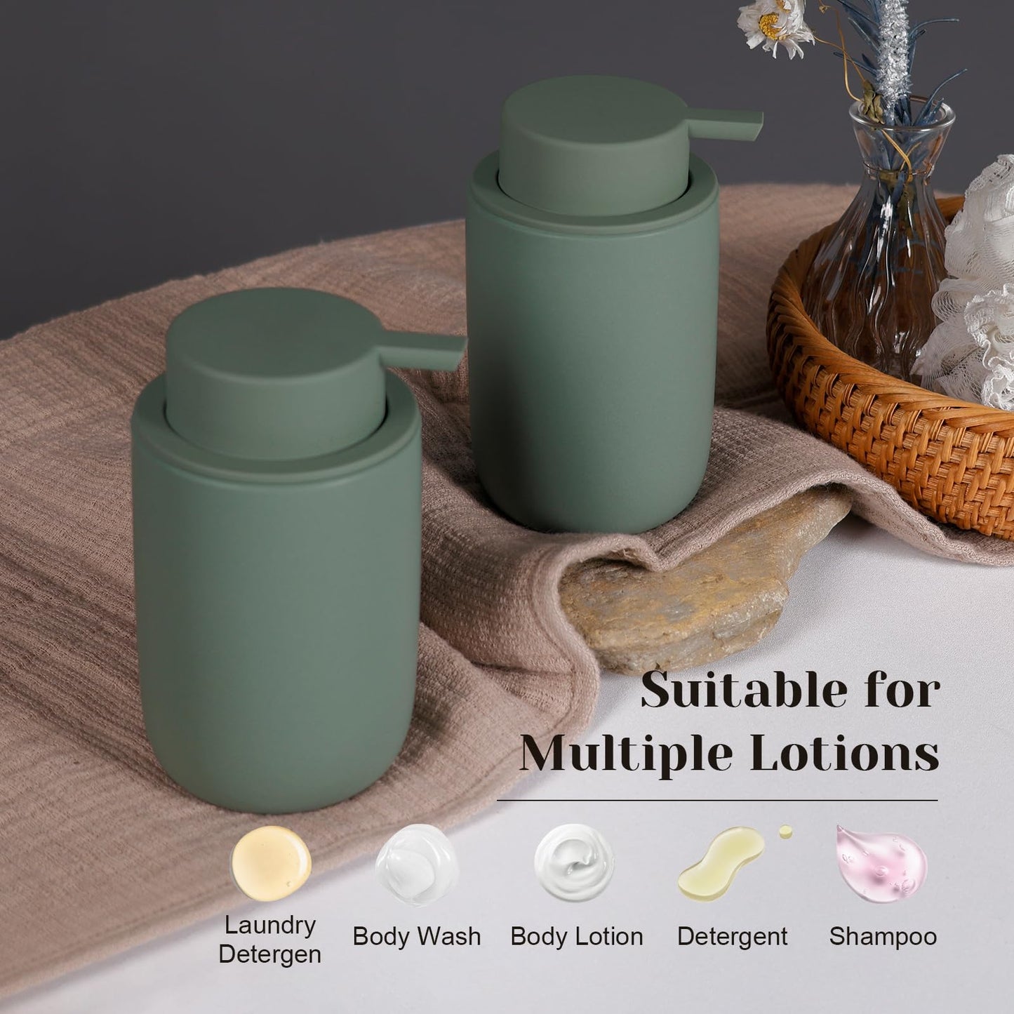 INGOFIN Ceramic Lotion Soap Dispenser Set, 2 Pack (12 oz) Bathroom Hand Soap Dispenser with Pump, Liquid Hand and Dish Soap Dispenser Set, 8 Pcs Clear Stickers, for Kitchen Bathroom-Matte Green