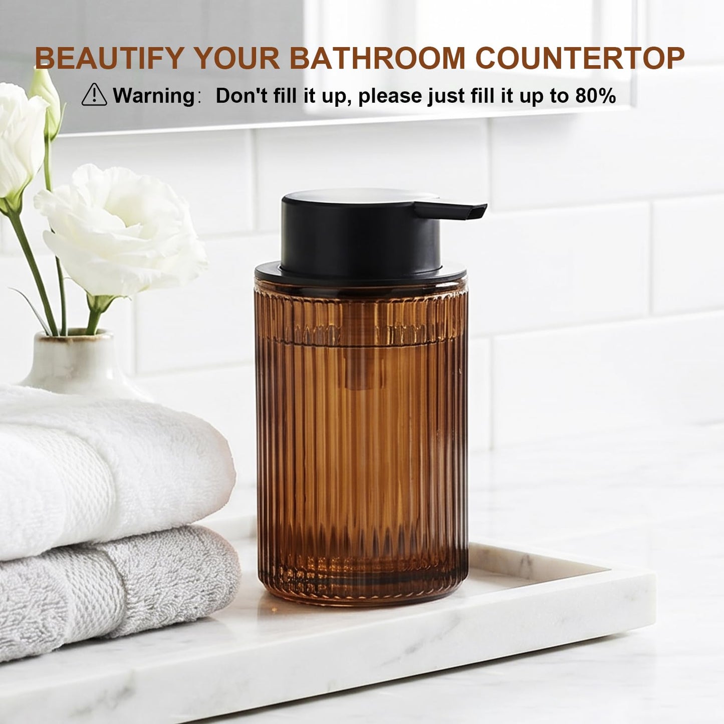 KASUNTING Foaming Soap Dispenser, Amber Glass Foam Hand Soap Dispenser for Bathroom, 11 Fl Oz Ribbed Refillable Foaming Pump Bottle with Black Pump, Modern Dish Soap Foam Dispenser