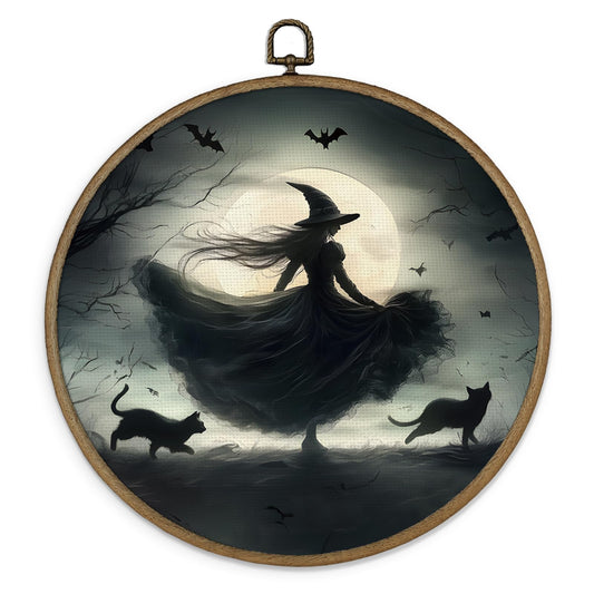 Gnmduw Witchy Black Cat Wall Art Framed, Dark Witchy Academia Decor, Halloween Witch Round Hanging Wall Decor, Dark Gothic Moody Academia Canvas Prints Art for Living Room Bathroom Bedroom, 10x10 In