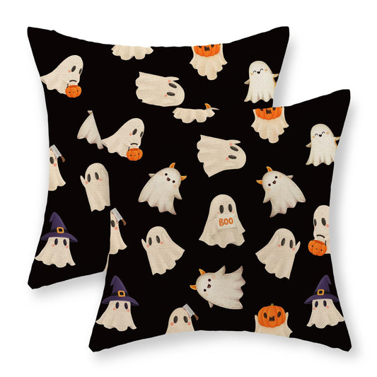 JEFERSO Halloween Pillow Covers 18x18 Set of 2 Cute Black and White Pumpkin Ghost Throw Pillows Fall Halloween Decorations Pillowcase Farmhouse Linen Outdoor Decorative Cushion Case for Couch Sofa