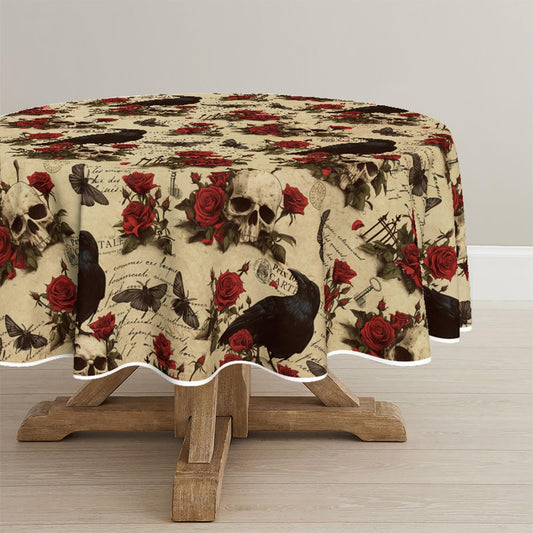 Horaldaily Halloween Tablecloth 70×70 Inch Round, Crow Skeleton Roses Washable Table Cover for Party Picnic Dinner Decor