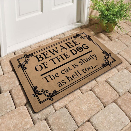 Funny Welcome Mat 30"(L) x 18"(W) Doormat for Entrance Way Indoor Mats No Slip Kitchen Rugs and Mats (Beware of the Dog The Cat Is Shady As Hell Too Funny Welcome Door Rugs Novelty Door Mat)