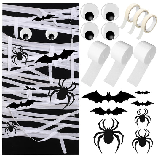 Engrowtic 78 Pcs Halloween Mummy Decorations Set with 3D Bat and Spider Stickers Wall Decor Self Adhesive Large Wiggle Eyes Crepe Paper and Masking Tape for Halloween Cosplay Party Door DIY Decor