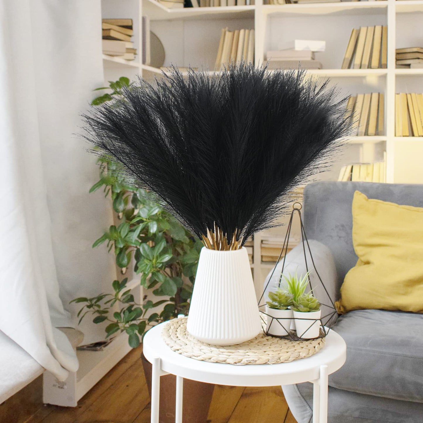 obbsie 50pcs Faux Black Pampas Grass, 21.6" Short Artificial Pompous Grass Floral Fake Pompas Grass Branches Vase Filler Flower Arrangement for Home Halloween Decor