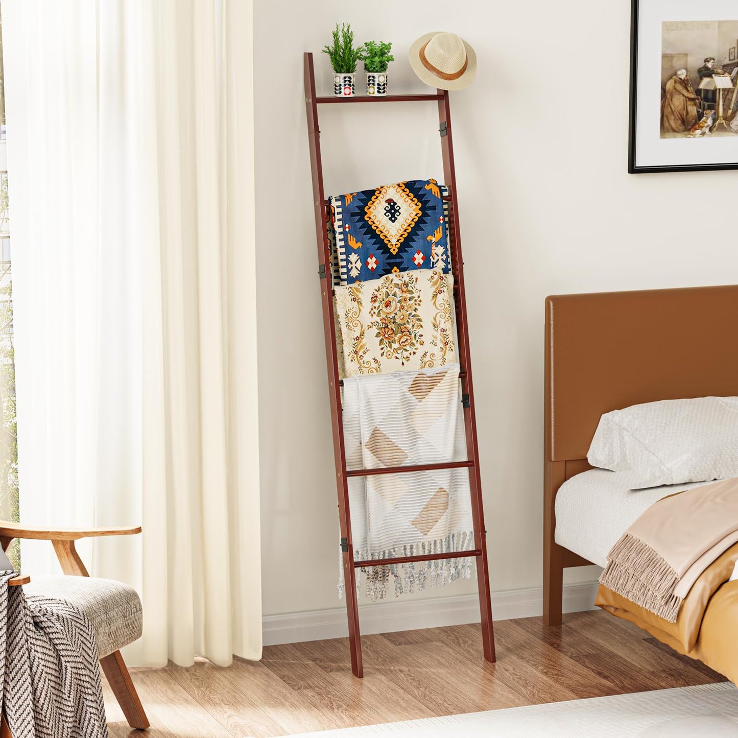 BAMBANG 6-Tier Blanket Ladder for Living Room, Blanket Quilt Ladder Rack Rustic Decorative Towel Holder, Wall Leaning Blanket Ladder Shelf Storage Farmhouse Decor for Bedroom Bathroom, Brown