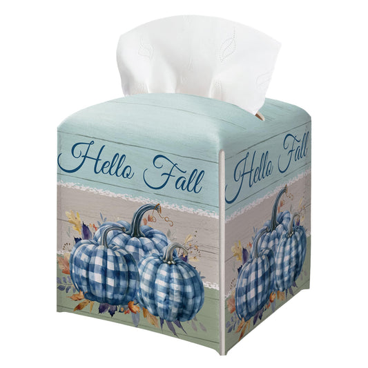 Fall Tissue Box Holder, Blue and White Pumpkins Leather Tissue Box Cover Square, Fall Facial Paper Organizer Dispenser Toilet Paper Holder for Bathroom Kitchen Office Home Decor-A16