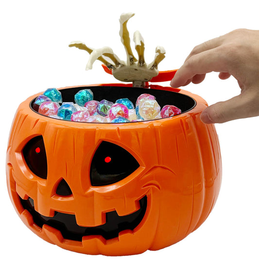Animated Halloween Skull pumpkin Bowl trick or treat bucket talking large funny scary candy Bowl dispenser for porch hand grabber Candy treat plastic Dish with hand Creepy Moving supplies tray
