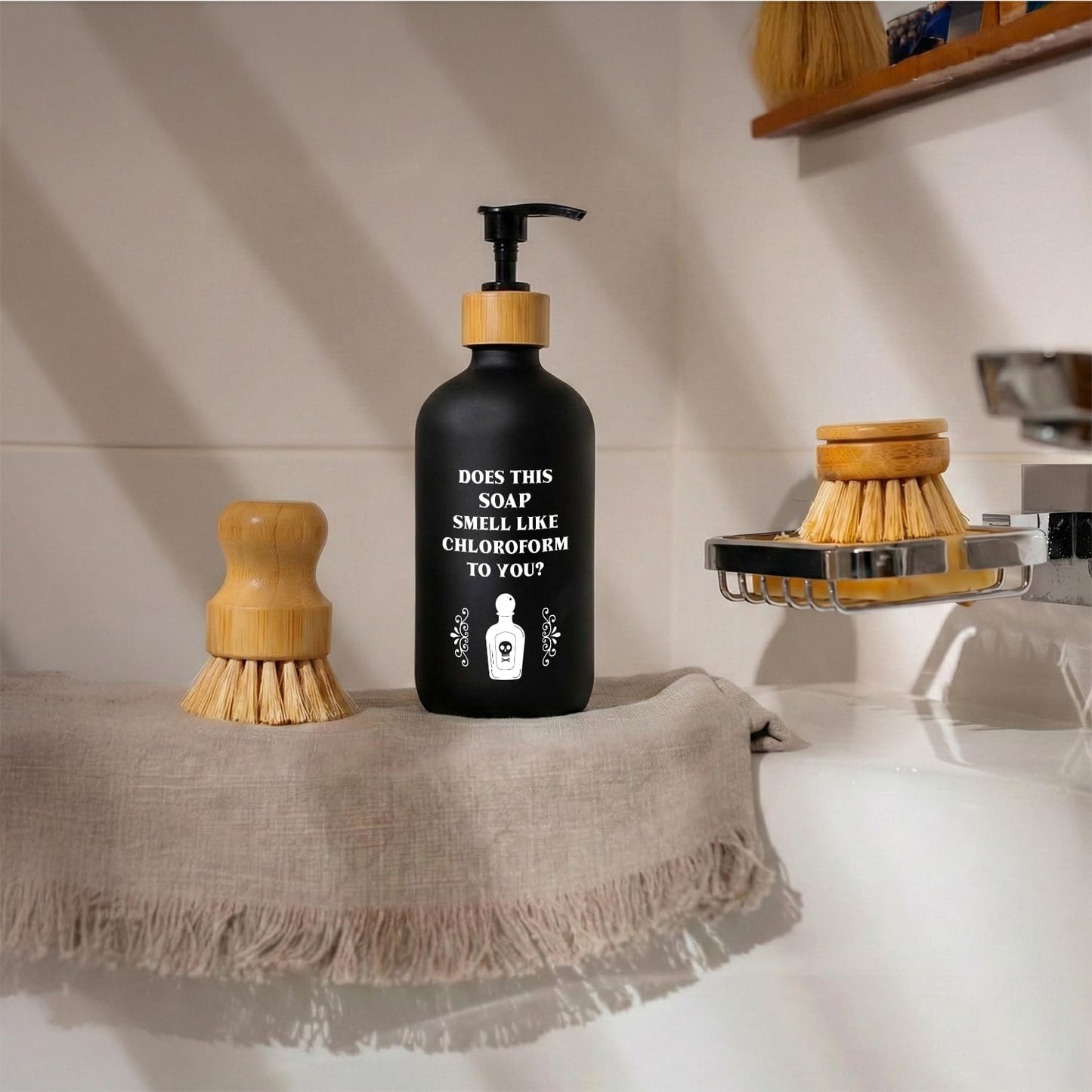 ChissNook Funny Gothic Soap Dispenser, Does This Smell Like Chloroform to You Glass Dish Soap Dispenser with Pump for Kitchen, Funny Bathroom Countertop Handsoap Refillable Container