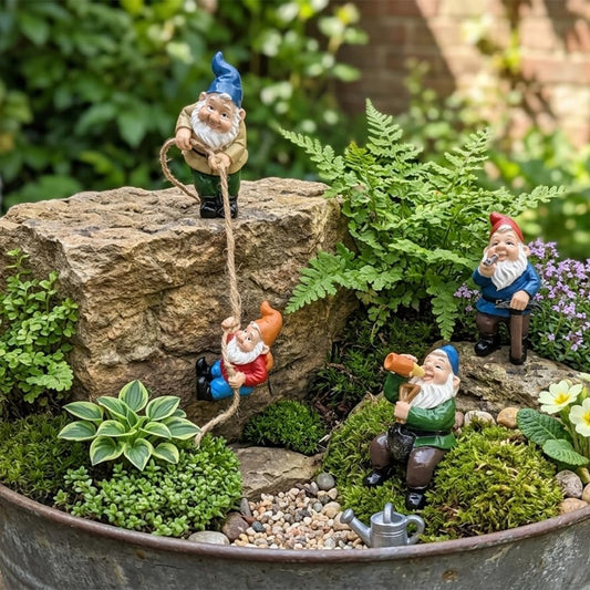 OJTNELDT Garden Gnome Figurines Set of 4, Resin Fairy Garden Gnomes with Rope, Funny Outdoor Plant Pot Decorations for Succulents, Terrariums, Miniature Garden, Patio & Indoor Planters