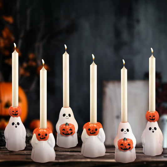 LemonRoad 6 Pcs Halloween Taper Candle Stick Holder Ceramic Ghost Holding Pumpkin Candlestick Holder Bulk Cute Halloween Decor Indoor Ghost Figures for Party Favors Gifts Table Centerpieces