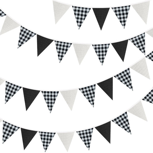 G2PLUS Black and White Gingham Fabric Bunting Banner, 32Ft Cotton Burlap Triangle Garland for Soccer Party, Game Day, Racing Car Party, Birthday, Graduation & Outdoor Decorations