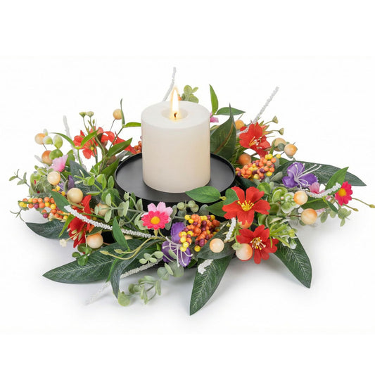MOYEE Summer Candle Holder Centerpieces for Tables,Candle Ring, Black Metal Candlestick with an Artificial Wreath 14 in Versatile Dining Table Centrepiece (Red Flower Green Leaf Wreath)