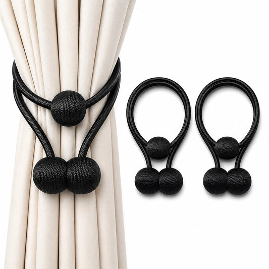 Black Summit Trading Company Magnetic Curtain Tiebacks – No Drill Curtain Holdbacks with Strong Magnets – Modern Curtain Tie Backs for Drapes & Sheer Curtains – Easy Wrap Magnetic Curtain Holders