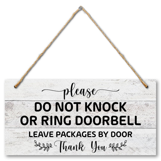 Wooden Sign with Rope for House Front - Do Not Knock or Ring Doorbell, Leave Packages by Door, 6x12 Inches Hanging Sign For Door Doors Garden Fence Office -02