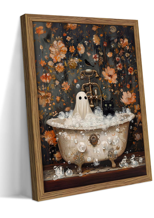 Halloween Bathroom Ghosts Wall Art, Cute Black Cat Ghosts Canvas Wall Decor Paintings, Vintage Horror Dark Academia Posters Prints Pictures for Bathroom Gallery 12x16 Inch Framed