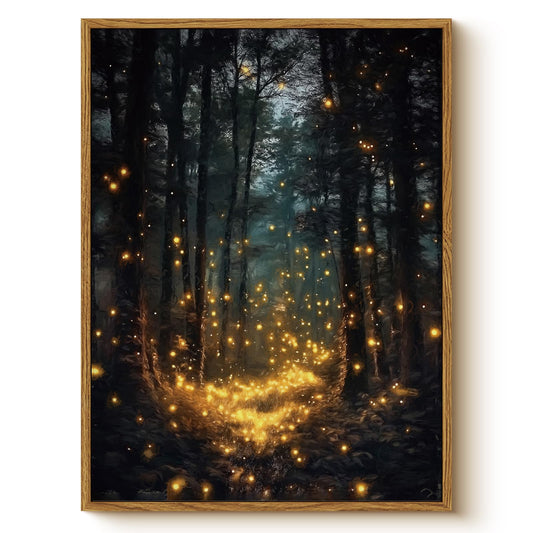 Fantasy Dark Forest 12x16 Framed Firefly Halloween Wall Art, Glowing Lights Enchanted Forest Canvas Print, Magical Mystical Night Landscape Painting, Rustic Cabin Cottage Bedroom Decor